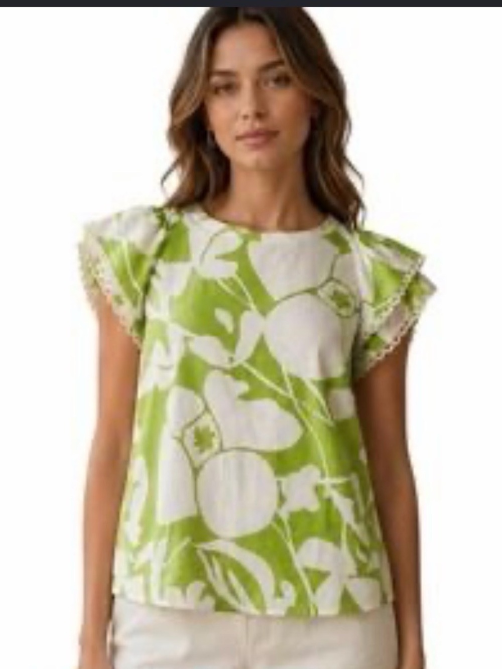 Christian Siriano Lime Green and White Floral Ruffle Sleeve Top